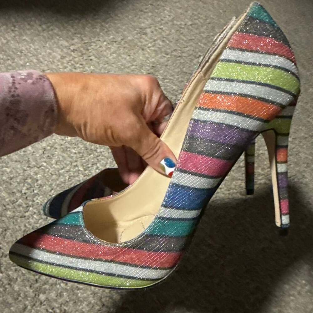 Anne Michelle Rainbow Glitter Striped Pumps Size 8 Stiletto